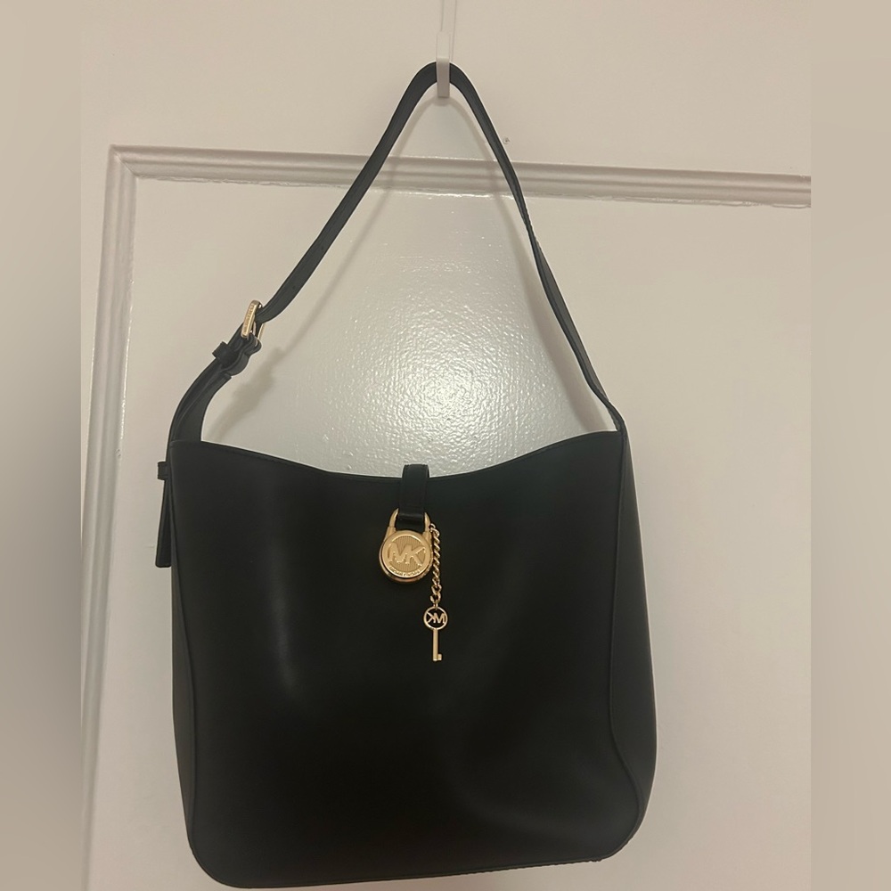Michael Kors Black Leather Shoulder Bag with Gold Key Charm Adjustable Strap